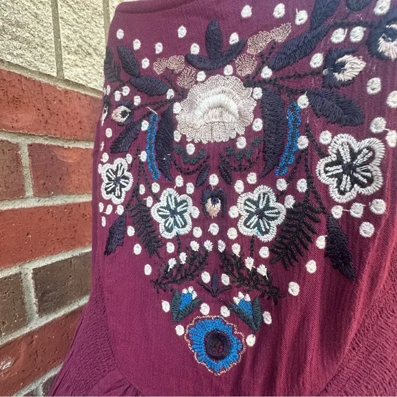 Free People Plum Backless Dress FloralEmbroidered BOHO Artsy Flow Babydoll Sz M - Picture 2 of 16